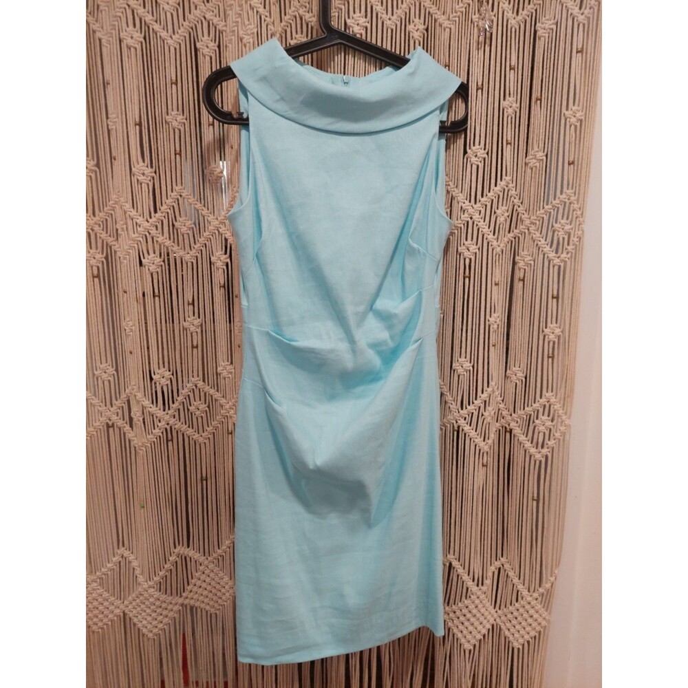 Sara Campbell Blue Bodycon Knee-High Stretch Linen Dress Sleevless Cowl Neck 8